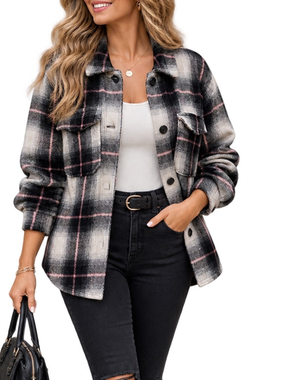 Plaid Utility Shacket Jacket - Black, Cream & Pink Accents
